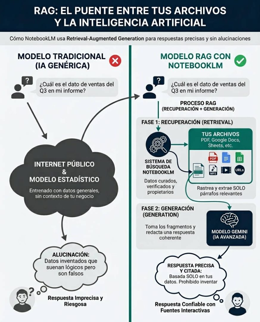 Infografía que explica que es un sistema RAG (Retrieval-Augmented Generation) con NotebookLM. Del Lado izquierdo de la imagan se explica como un modelo de IA Genérico opera e inventa información que no posee. De lado derecho Se explica que la IA busca en NotebookLM y "Lee" los archivos (multimodales) para generar una respuesta.