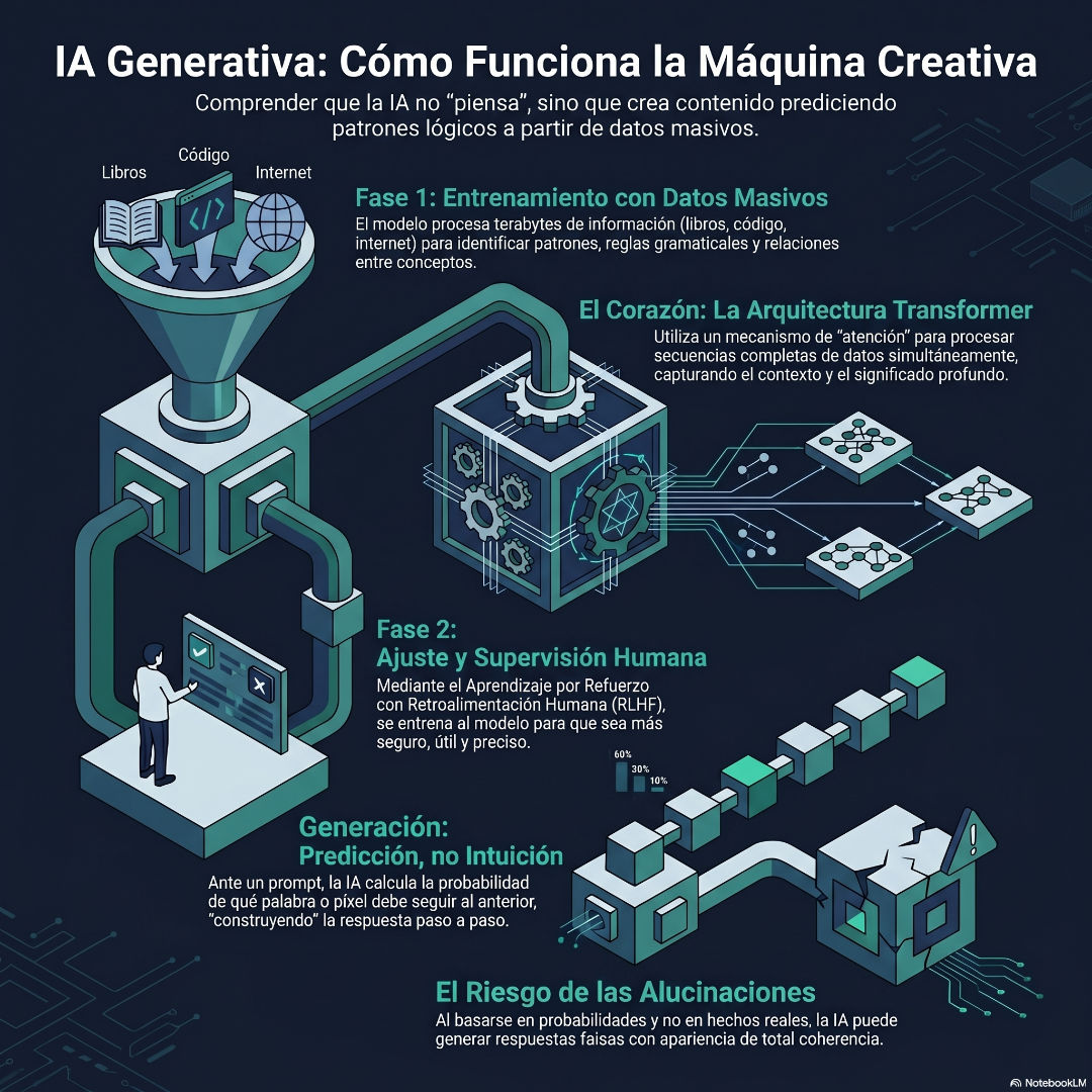 Esquema creado en NotebookLM que explica a través de un esquema el funcionamiento de la inteligencia artificial generativa: Entrenamiento con datos masivos, arquitectura transformer, ajuste y supervisión humana.