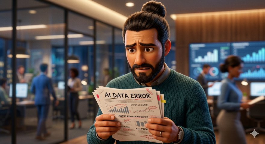 Imagen estilo animado de Francisco Nilo sostenido unos documentos con errores por alucinación de la Inteligencia Artificial. La imagen fue creada con Nano Banana Pro.