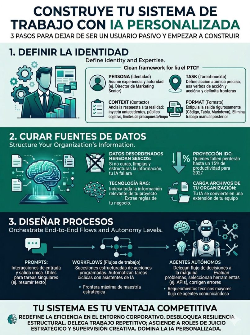 Infografía que explica los sistemas de trabajo con IA PERSONALIZADA. Explica de forma detallada los pasos para empezar a construir la IA personalizada.