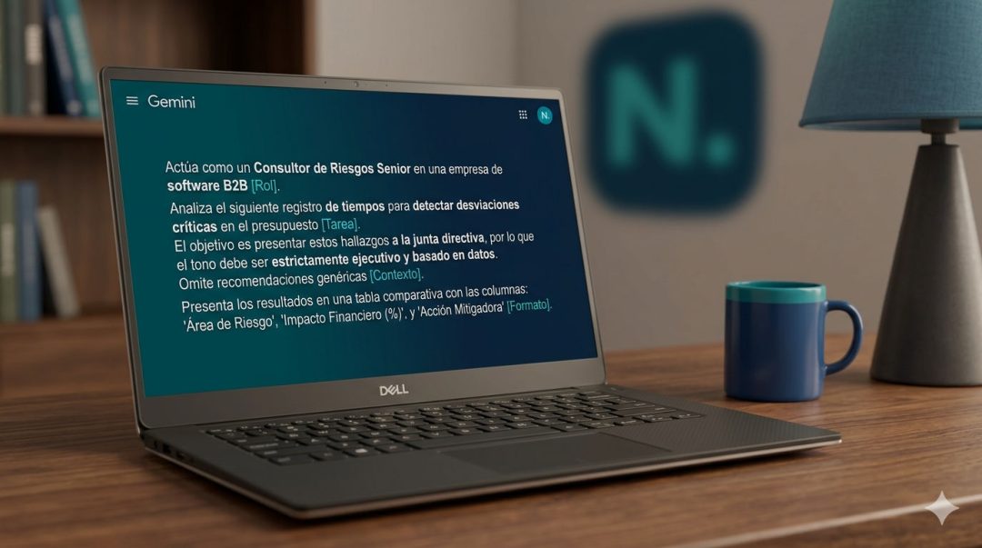 La imagen demuestra la pantalla de una laptop con un prompt optimizado para la IA (Inteligencia Artificial). La imagen tiene un estilo animado 3D.