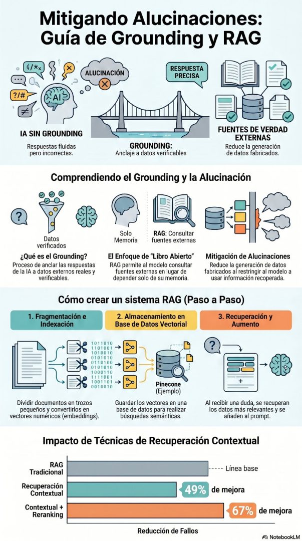 Infografía que explica la mitigación de alucinaciones: Guía de Grounding y RAG. La infografía explica que es ell Grounding y el paso a paso para crear un sistema RAG. Infografía realizada con NotebookLM