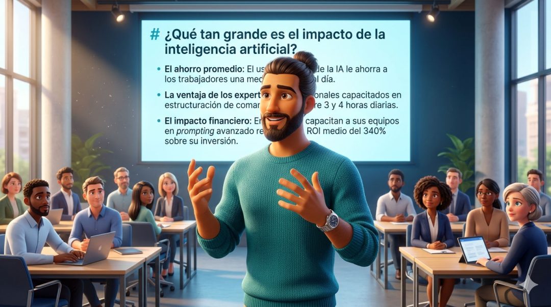La imagen demuestra a un personaje explicando en una chala la importancia y beneficios de dominar la ingeniería de prompts. La imagen tiene un estilo animado 3D.