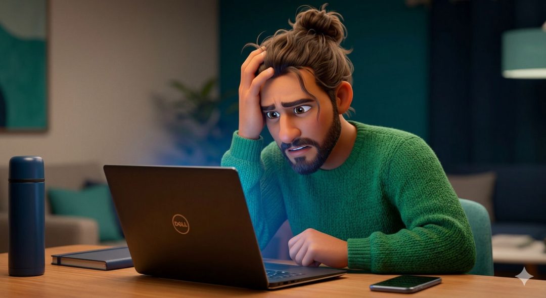 La imagen demuestra la frustración de un personaje que no logra realizar buenos prompts. La imagen tiene un estilo animado 3D.