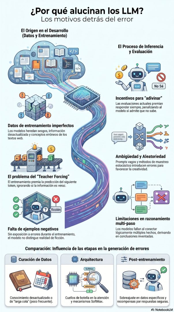 Infografía que explica "¿Por qué alucinan los LLM? y los principales motivos por lo que da repuestas erróneas: Datos de entrenamiento imperfectos, Ambigüedad y aleatoriedad, El problema del "Teacher Forcing", Limitaciones en razonamiento multi-paso.  Infografía realizada con NotebookLM